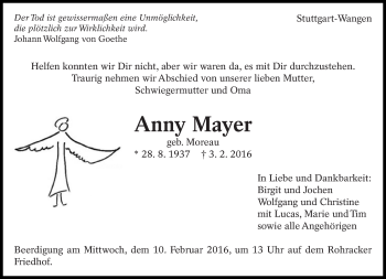 Traueranzeige von Anny Mayer von Eßlinger Zeitung/Cannstatter Zeitung