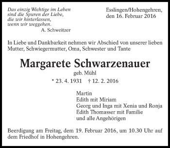 Traueranzeige von Margarete Schwarzenauer von Eßlinger Zeitung/Cannstatter Zeitung