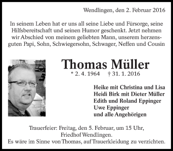 Traueranzeige von Thomas Müller von Eßlinger Zeitung/Cannstatter Zeitung