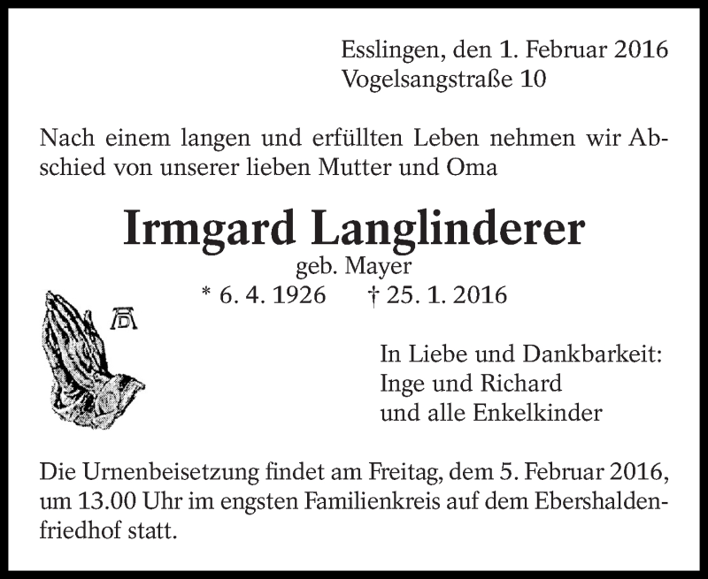  Traueranzeige für Irmgard Langlinderer vom 01.02.2016 aus Eßlinger Zeitung/Cannstatter Zeitung