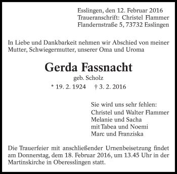 Traueranzeige von Gerda Fassnacht von Eßlinger Zeitung/Cannstatter Zeitung