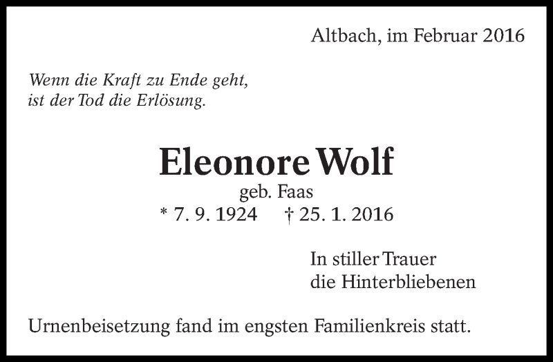  Traueranzeige für Eleonore Wolf vom 06.02.2016 aus Eßlinger Zeitung/Cannstatter Zeitung
