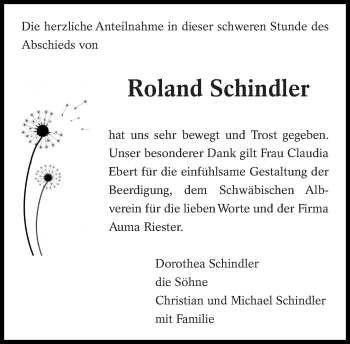 Traueranzeige von Roland Schindler von Eßlinger Zeitung/Cannstatter Zeitung