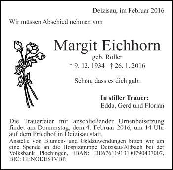 Traueranzeige von Margit Eichhorn von Eßlinger Zeitung/Cannstatter Zeitung