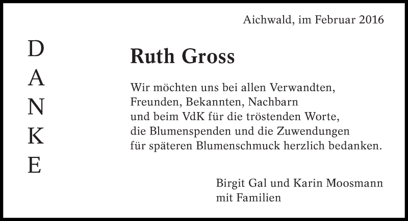  Traueranzeige für Ruth Gross vom 27.02.2016 aus Eßlinger Zeitung/Cannstatter Zeitung