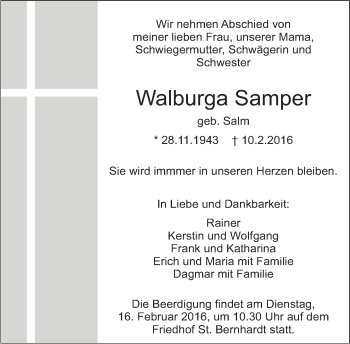 Traueranzeige von Walburga Samper von Eßlinger Zeitung/Cannstatter Zeitung
