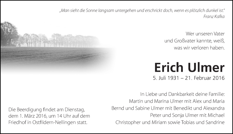  Traueranzeige für Erich Ulmer vom 25.02.2016 aus Eßlinger Zeitung/Cannstatter Zeitung
