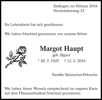 Traueranzeige von Margot Haupt von Eßlinger Zeitung/Cannstatter Zeitung
