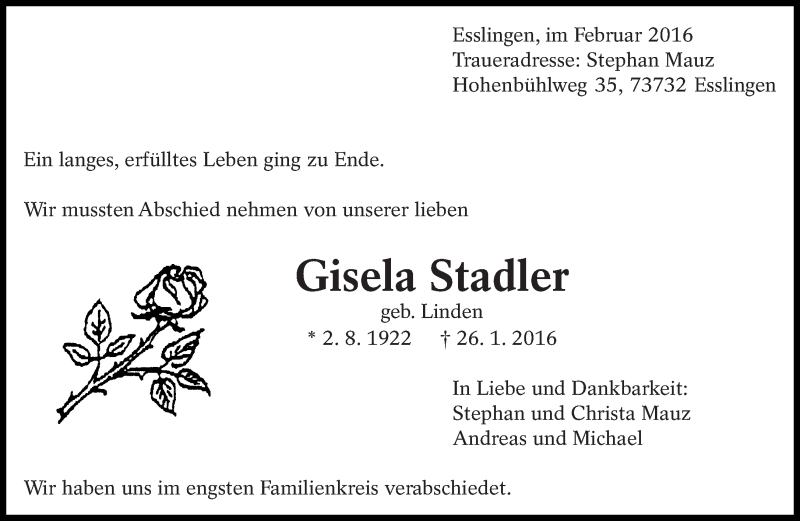  Traueranzeige für Gisela Stadler vom 12.02.2016 aus Eßlinger Zeitung/Cannstatter Zeitung