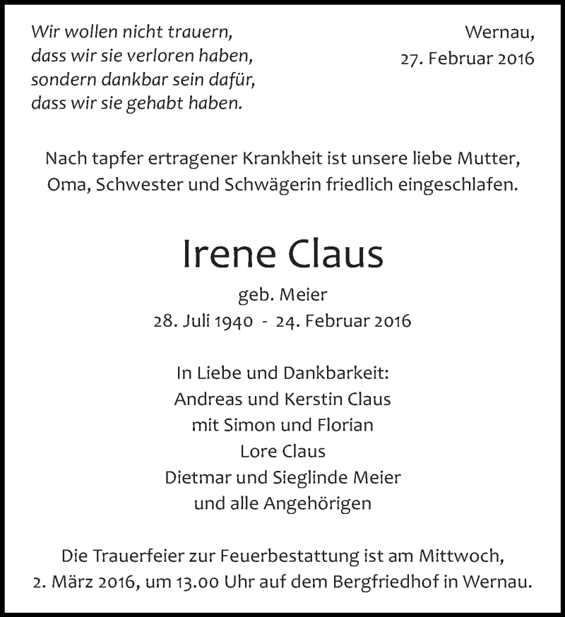  Traueranzeige für Irene Claus vom 27.02.2016 aus Eßlinger Zeitung/Cannstatter Zeitung