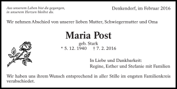 Traueranzeige von Maria Post von Eßlinger Zeitung/Cannstatter Zeitung