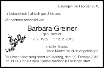 Traueranzeige von Barbara Greiner von Eßlinger Zeitung/Cannstatter Zeitung