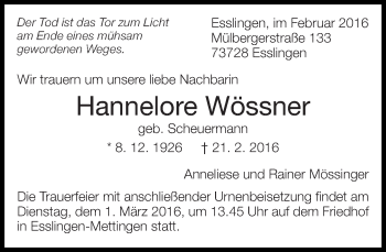 Traueranzeige von Hannelore Wössner von Eßlinger Zeitung/Cannstatter Zeitung