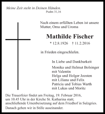 Traueranzeige von Mathilde Fischer von Eßlinger Zeitung/Cannstatter Zeitung