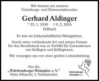 Traueranzeige von Gerhard Aldinger von Eßlinger Zeitung/Cannstatter Zeitung
