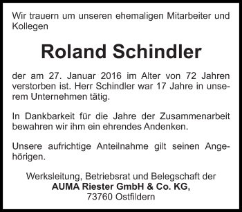 Traueranzeige von Roland Schindler von Eßlinger Zeitung/Cannstatter Zeitung