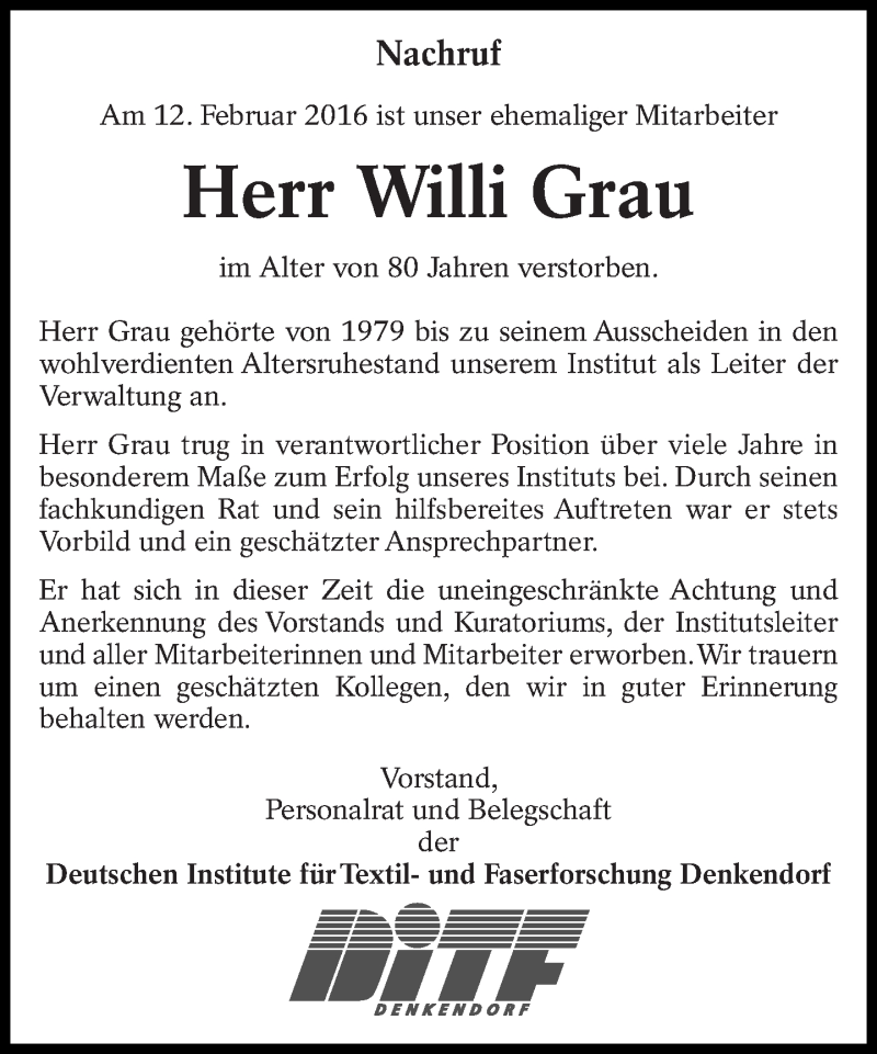  Traueranzeige für Willi Grau vom 25.02.2016 aus Eßlinger Zeitung/Cannstatter Zeitung