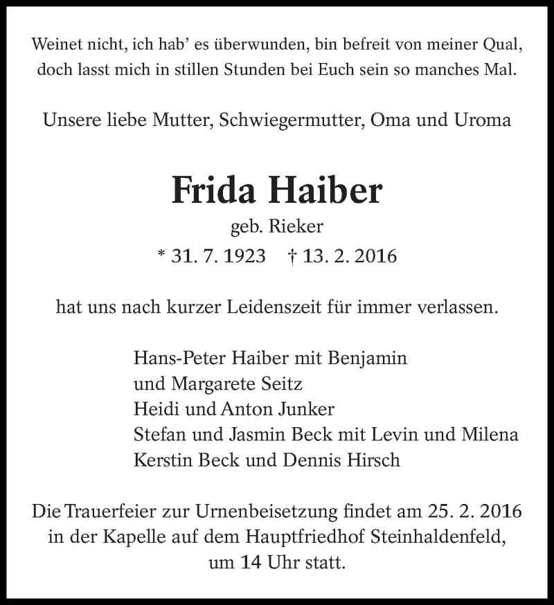  Traueranzeige für Frida Haiber vom 23.02.2016 aus Eßlinger Zeitung/Cannstatter Zeitung