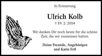 Traueranzeige von Ulrich Kolb von Eßlinger Zeitung/Cannstatter Zeitung