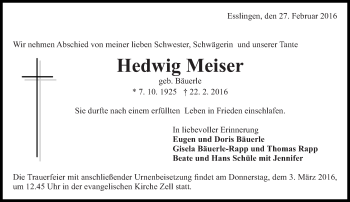 Traueranzeige von Hedwig Meiser von Eßlinger Zeitung/Cannstatter Zeitung