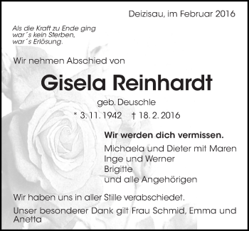 Traueranzeige von Gisela Reinhardt von Eßlinger Zeitung/Cannstatter Zeitung