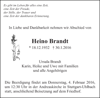 Traueranzeige von Heino Brandt von Eßlinger Zeitung/Cannstatter Zeitung