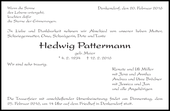 Traueranzeige von Hedwig Pattermann von Eßlinger Zeitung/Cannstatter Zeitung
