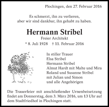 Traueranzeige von Hermann Stribel von Eßlinger Zeitung/Cannstatter Zeitung