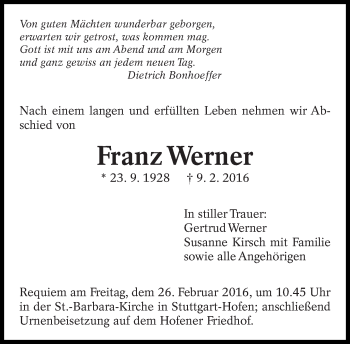 Traueranzeige von Franz Werner von Eßlinger Zeitung/Cannstatter Zeitung