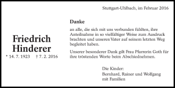 Traueranzeige von Friedrich Hinderer von Eßlinger Zeitung/Cannstatter Zeitung