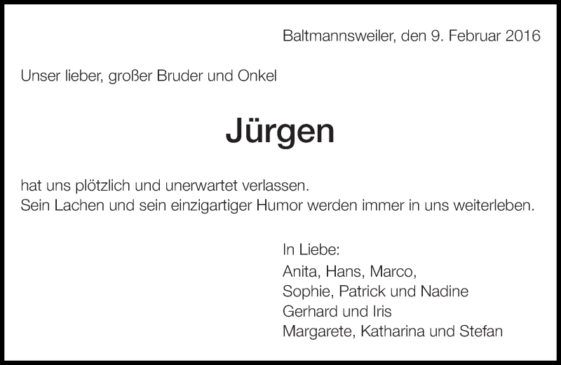  Traueranzeige für Jürgen Gerullis vom 09.02.2016 aus Eßlinger Zeitung/Cannstatter Zeitung