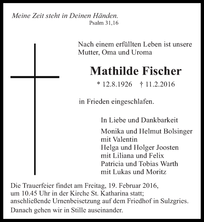 Traueranzeige für Mathilde Fischer vom 17.02.2016 aus Eßlinger Zeitung/Cannstatter Zeitung