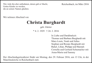 Traueranzeige von Christa Burghardt von Eßlinger Zeitung/Cannstatter Zeitung