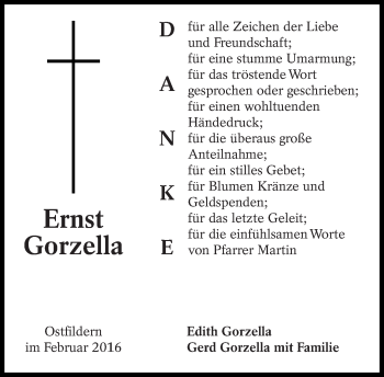 Traueranzeige von Ernst Gorzella von Eßlinger Zeitung/Cannstatter Zeitung