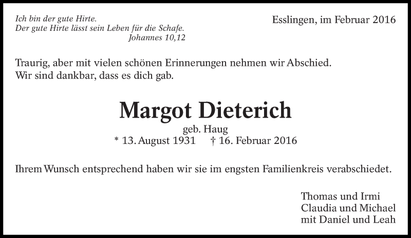  Traueranzeige für Margot Dieterich vom 24.02.2016 aus Eßlinger Zeitung/Cannstatter Zeitung