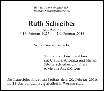 Traueranzeige von Ruth Schreiber von Eßlinger Zeitung/Cannstatter Zeitung