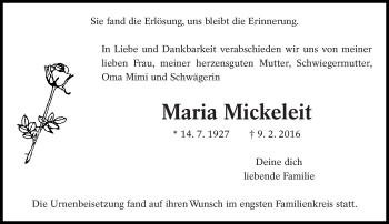 Traueranzeige von Maria Mickeleit von Eßlinger Zeitung/Cannstatter Zeitung