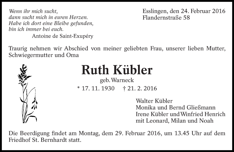  Traueranzeige für Ruth Kübler vom 24.02.2016 aus Eßlinger Zeitung/Cannstatter Zeitung