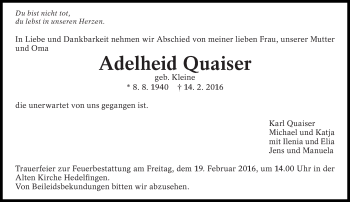 Traueranzeige von Adelheid Quaiser von Eßlinger Zeitung/Cannstatter Zeitung