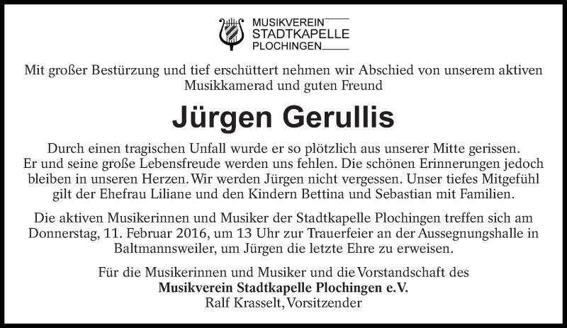  Traueranzeige für Jürgen Gerullis vom 09.02.2016 aus Eßlinger Zeitung/Cannstatter Zeitung