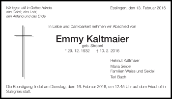 Traueranzeige von Emmy Kaltmaier von Eßlinger Zeitung/Cannstatter Zeitung