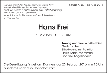 Traueranzeige von Hans Frei von Eßlinger Zeitung/Cannstatter Zeitung