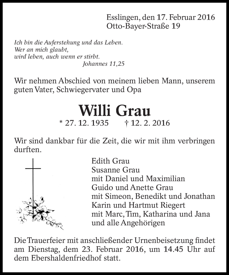  Traueranzeige für Willi Grau vom 17.02.2016 aus Eßlinger Zeitung/Cannstatter Zeitung