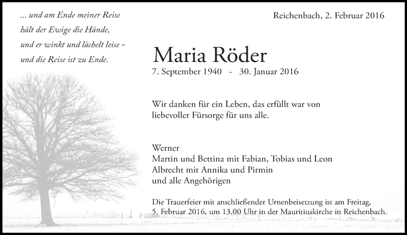  Traueranzeige für Maria Röder vom 02.02.2016 aus Eßlinger Zeitung/Cannstatter Zeitung
