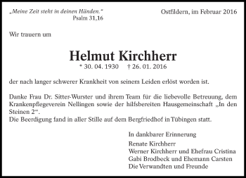 Traueranzeige von Helmut Kirchherr von Eßlinger Zeitung/Cannstatter Zeitung