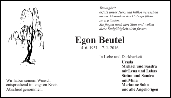 Traueranzeige von Egon Beutel von Eßlinger Zeitung/Cannstatter Zeitung