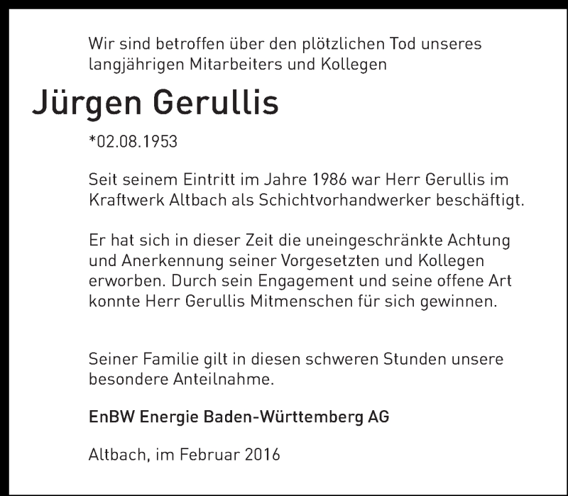 Traueranzeige für Jürgen Gerullis vom 09.02.2016 aus Eßlinger Zeitung/Cannstatter Zeitung