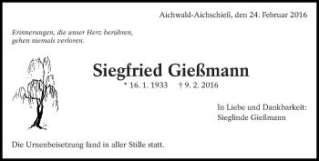 Traueranzeige von Siegfried Gießmann von Eßlinger Zeitung/Cannstatter Zeitung