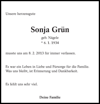 Traueranzeige von Sonja Grün von Eßlinger Zeitung/Cannstatter Zeitung