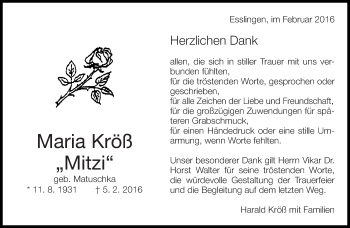 Traueranzeige von Maria Kröß von Eßlinger Zeitung/Cannstatter Zeitung